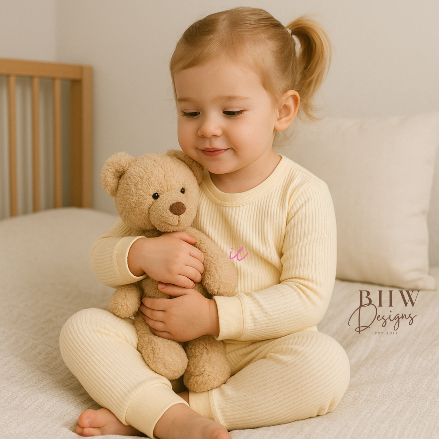 Child in a personalised cream outfit holding a teddy bear on a bed 