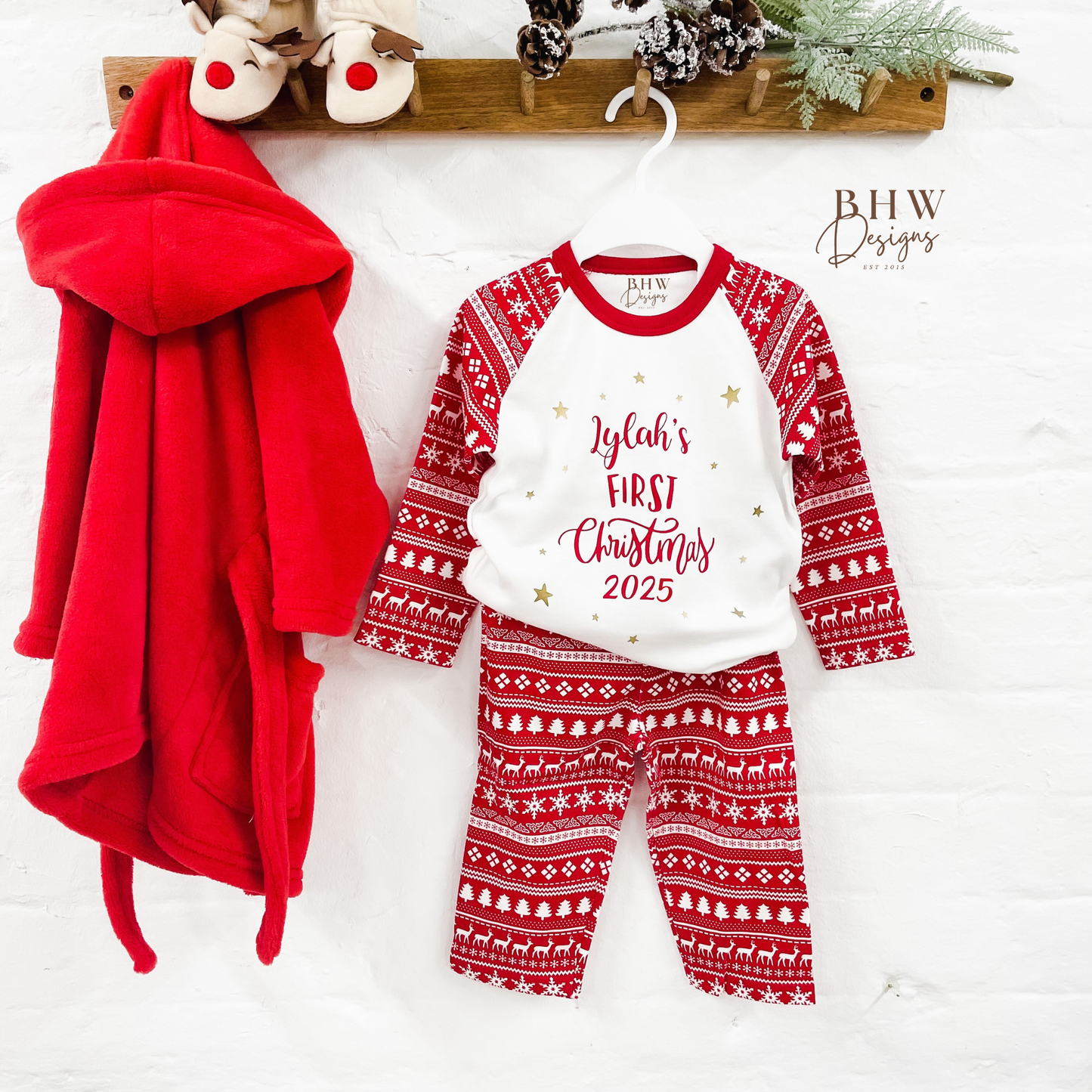 Personalised First Christmas red fair isle Pyjamas