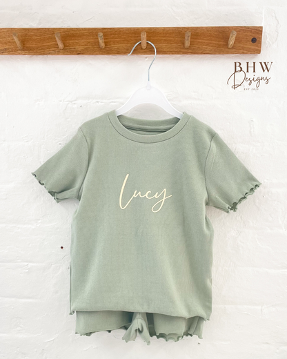 Girl's Ribbed T-shirt and Short Set - Sage Green