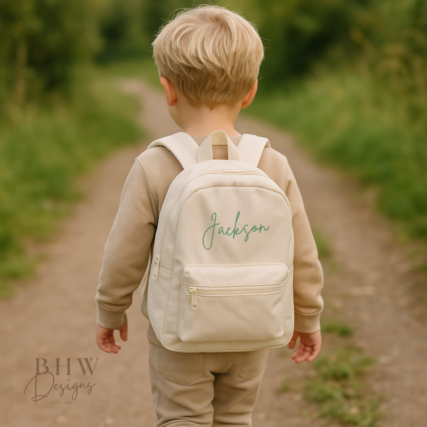 Child wearing a cream backpack with 'Jackson'  on it, standing on a path outdoors.