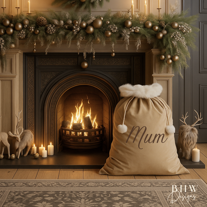 Decorative fireplace with Christmas mantel, personalised beige velvet Santa sack 