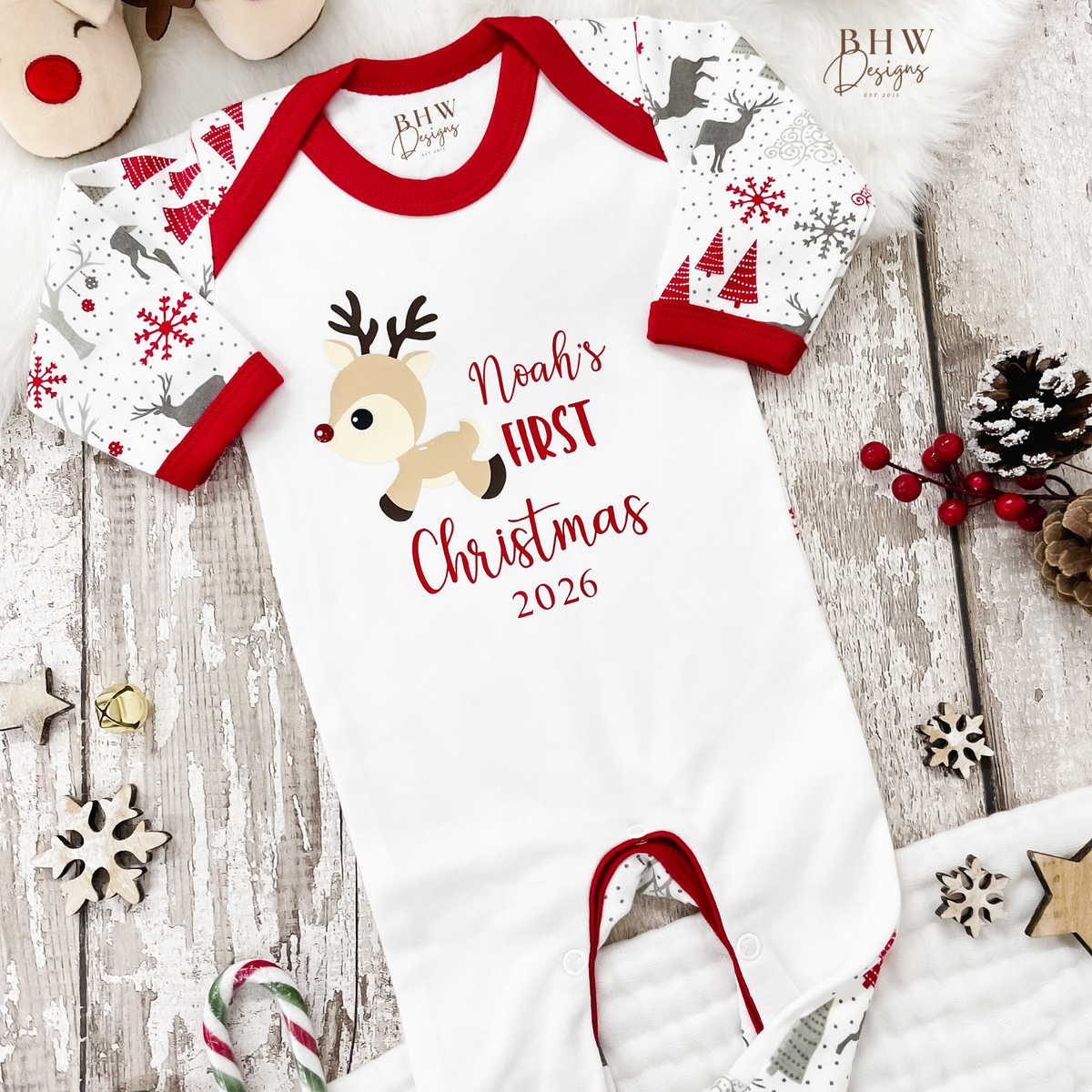 Personalised First Christmas 2026 Reindeer Bodysuit