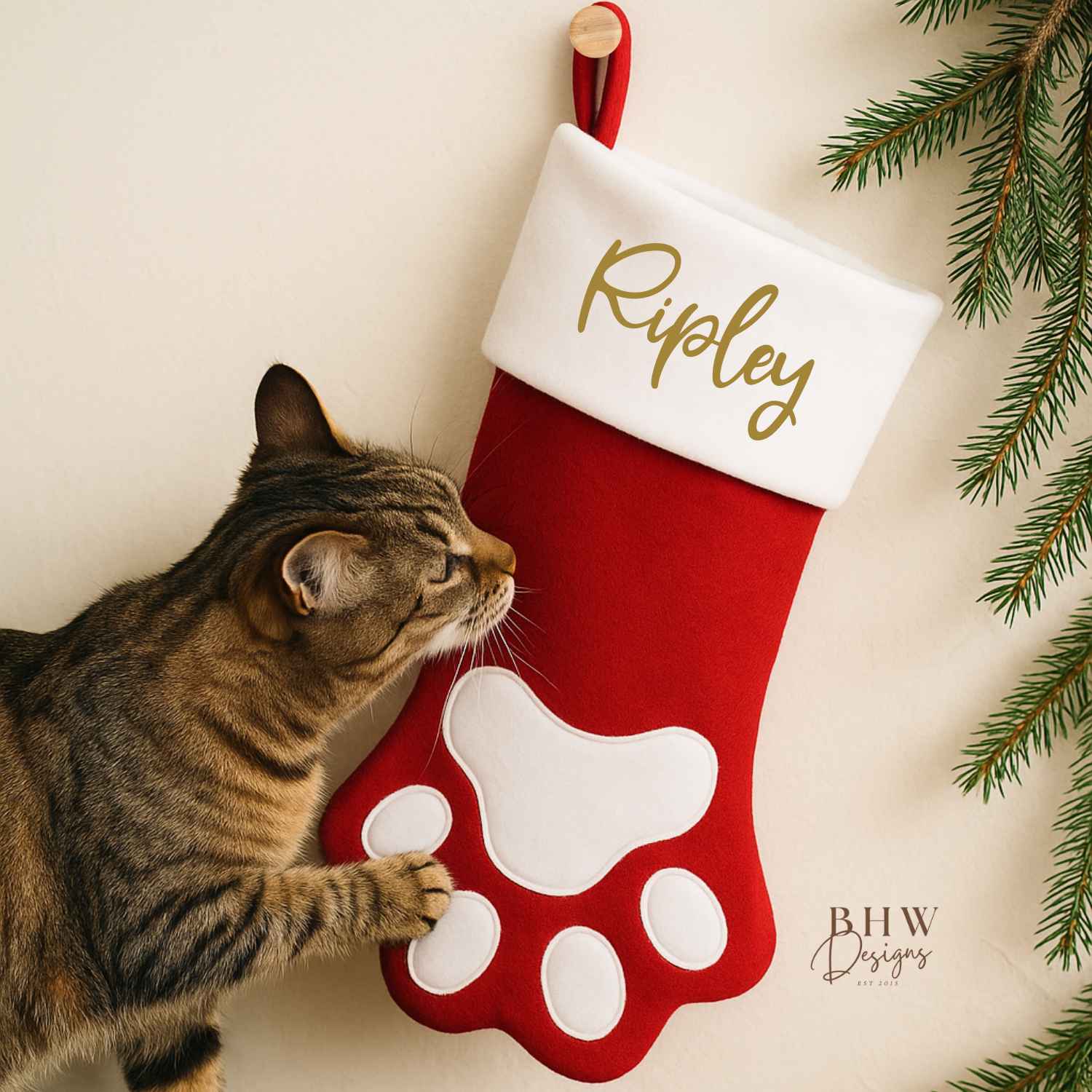 Cat interacting with a red and white Christmas stocking in a paw shape design personalised with Ripley in Gold
