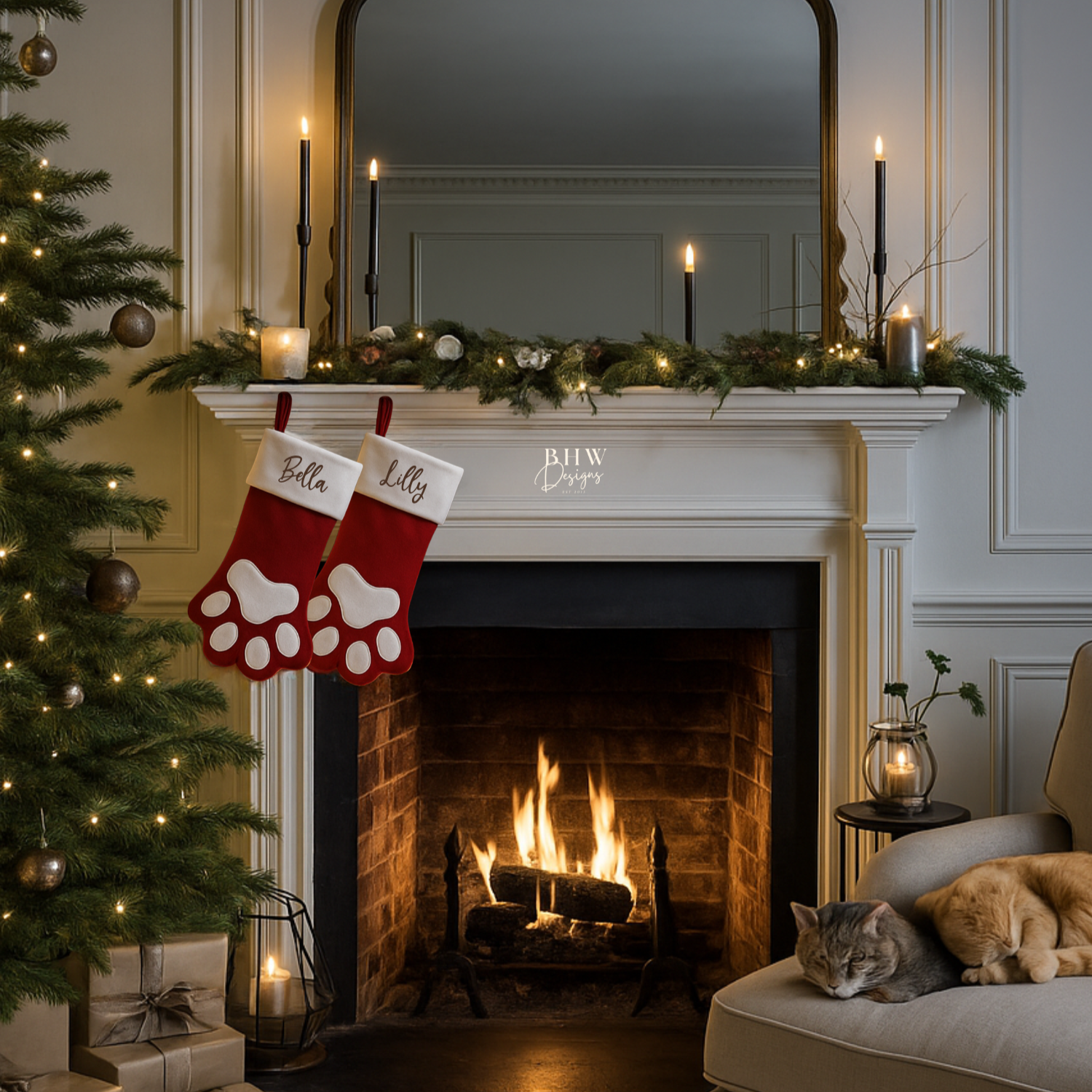 Cozy living room with Christmas tree, two personalised red and white stockings in a paw shape with Bella and Lilly in brown hanging on a fireplace.