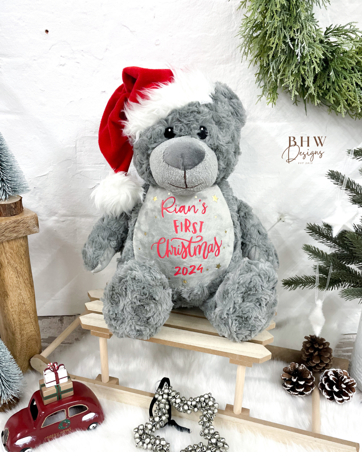 Personalised First Christmas Grey Teddy Soft Toy