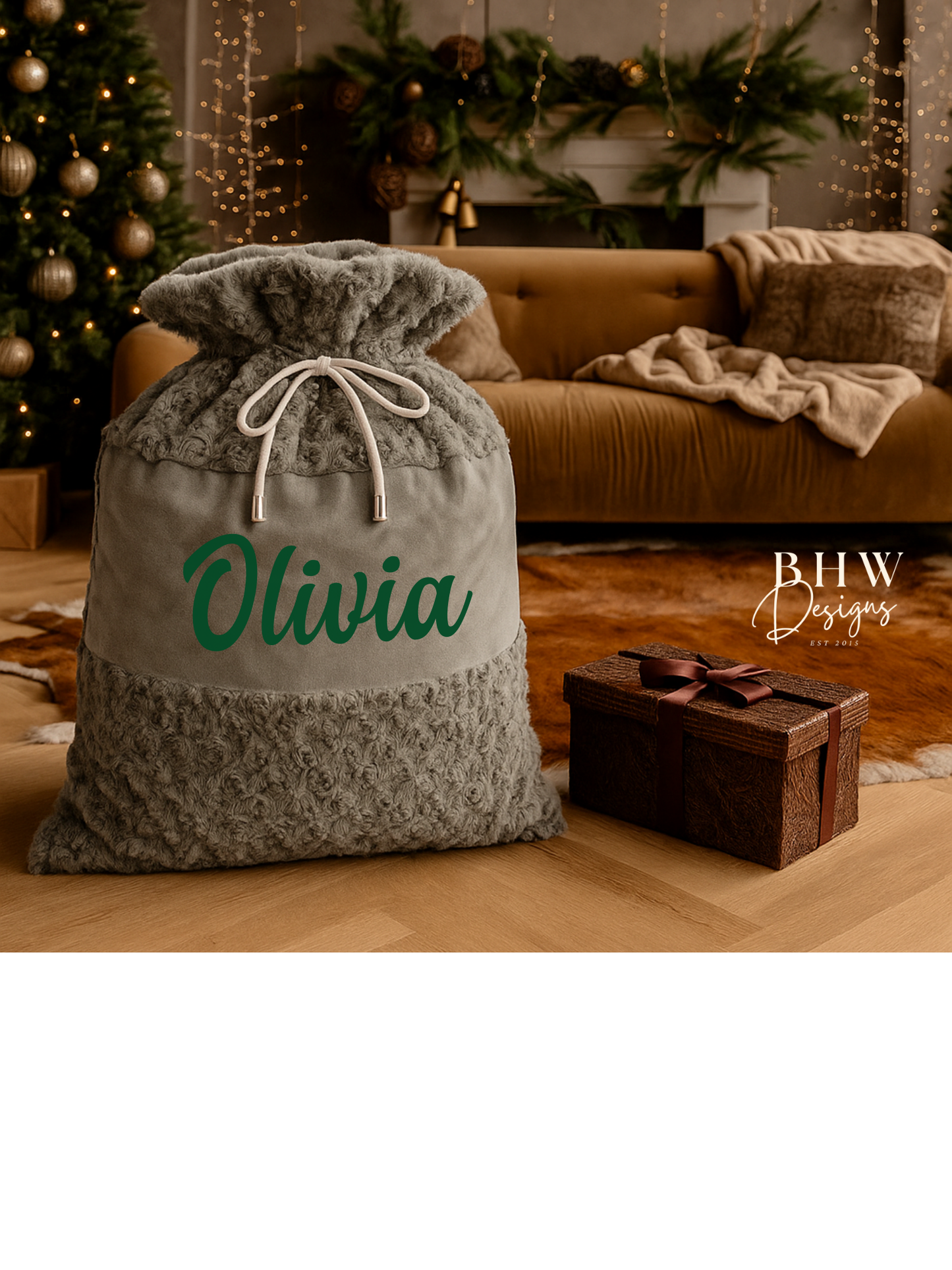 Personalised grey santa sack with 'Olivia' in green