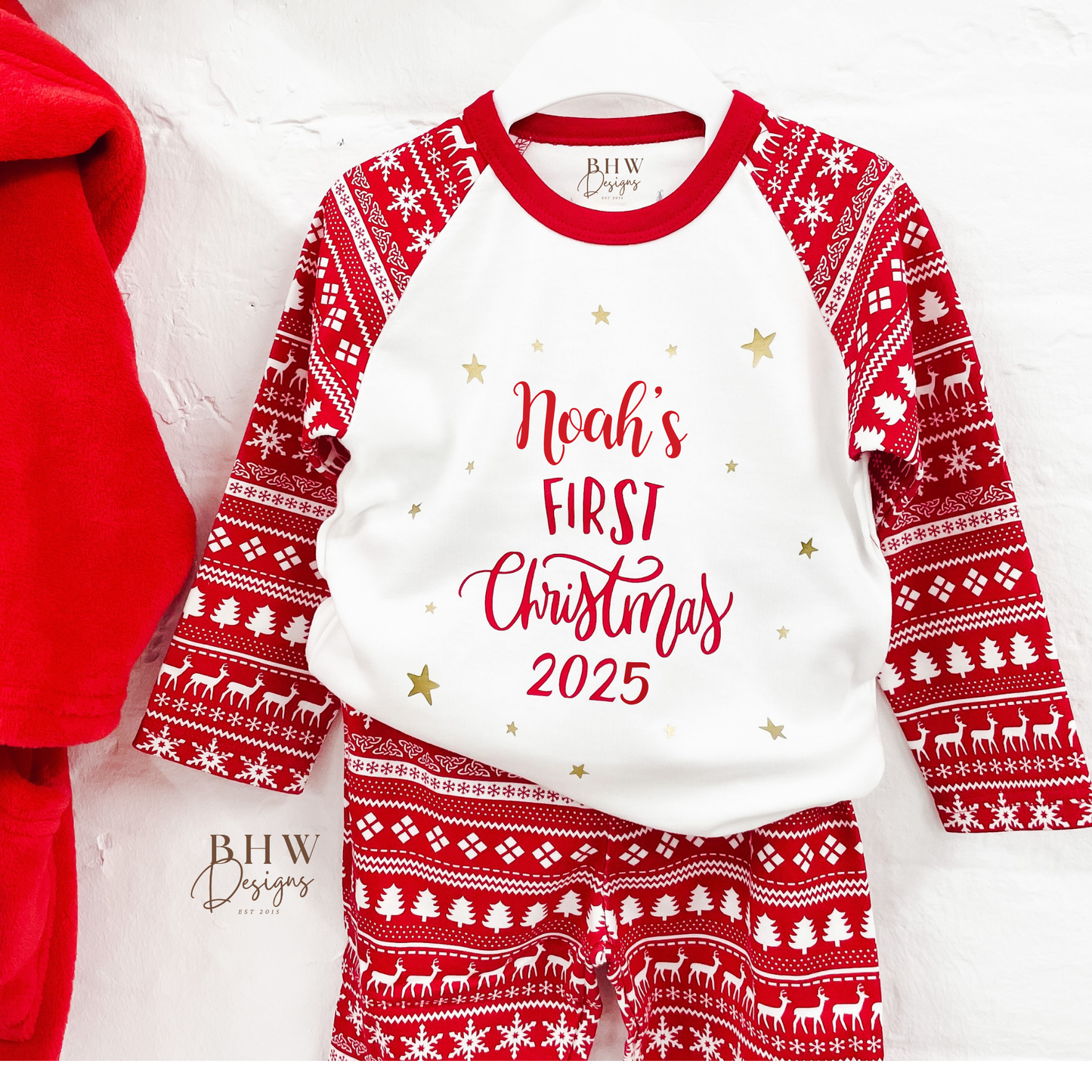 Personalised First Christmas red fair isle Pyjamas