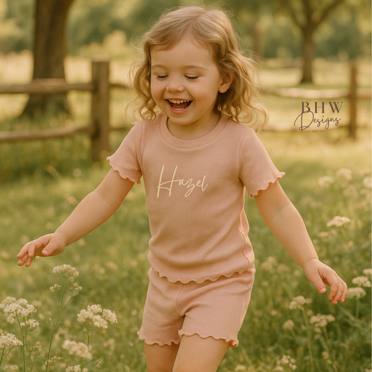 Girl's Ribbed T-shirt and Short Set - Blush Pink