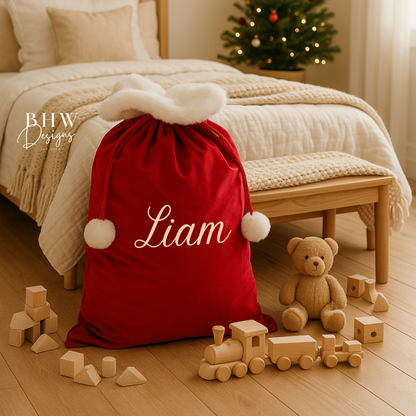 velvet Red sack with faux fur white trim and white pom pom on draw strings 'Liam' personalised ,