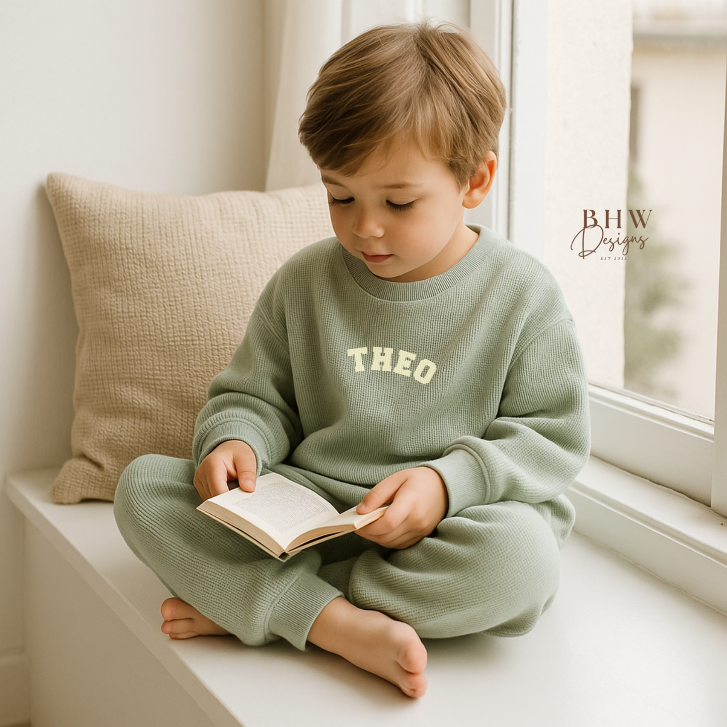 Child in a green outfit reading a book on a windowsill with 'BHW' branding.