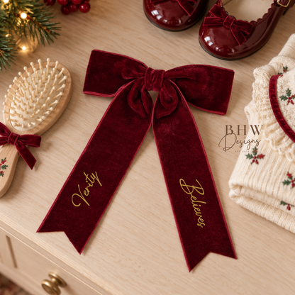 A deep burgundy velvet ribbon hair bow with gold script personalised with name a believes 