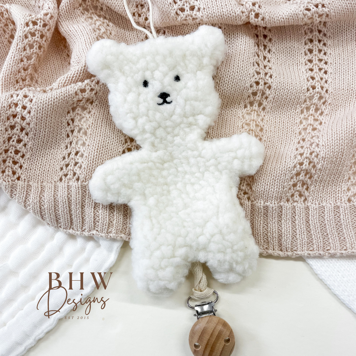 Cream Teddy bear boucle Dummy clip holder 