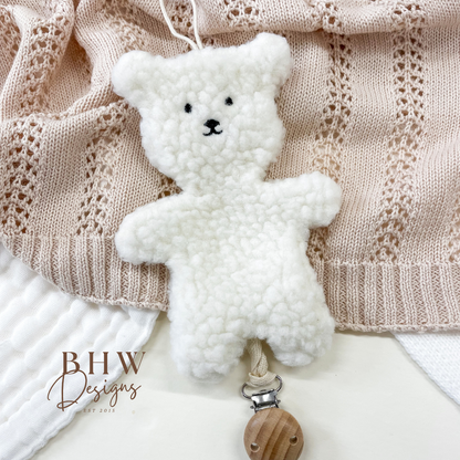 Cream Teddy bear boucle Dummy clip holder 