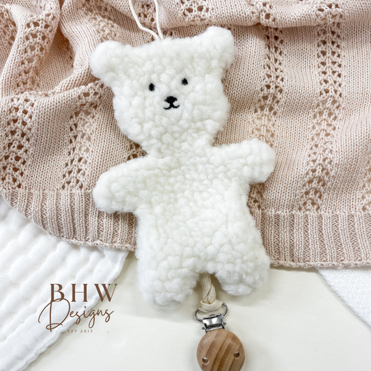 Cream Teddy bear boucle Dummy clip holder 