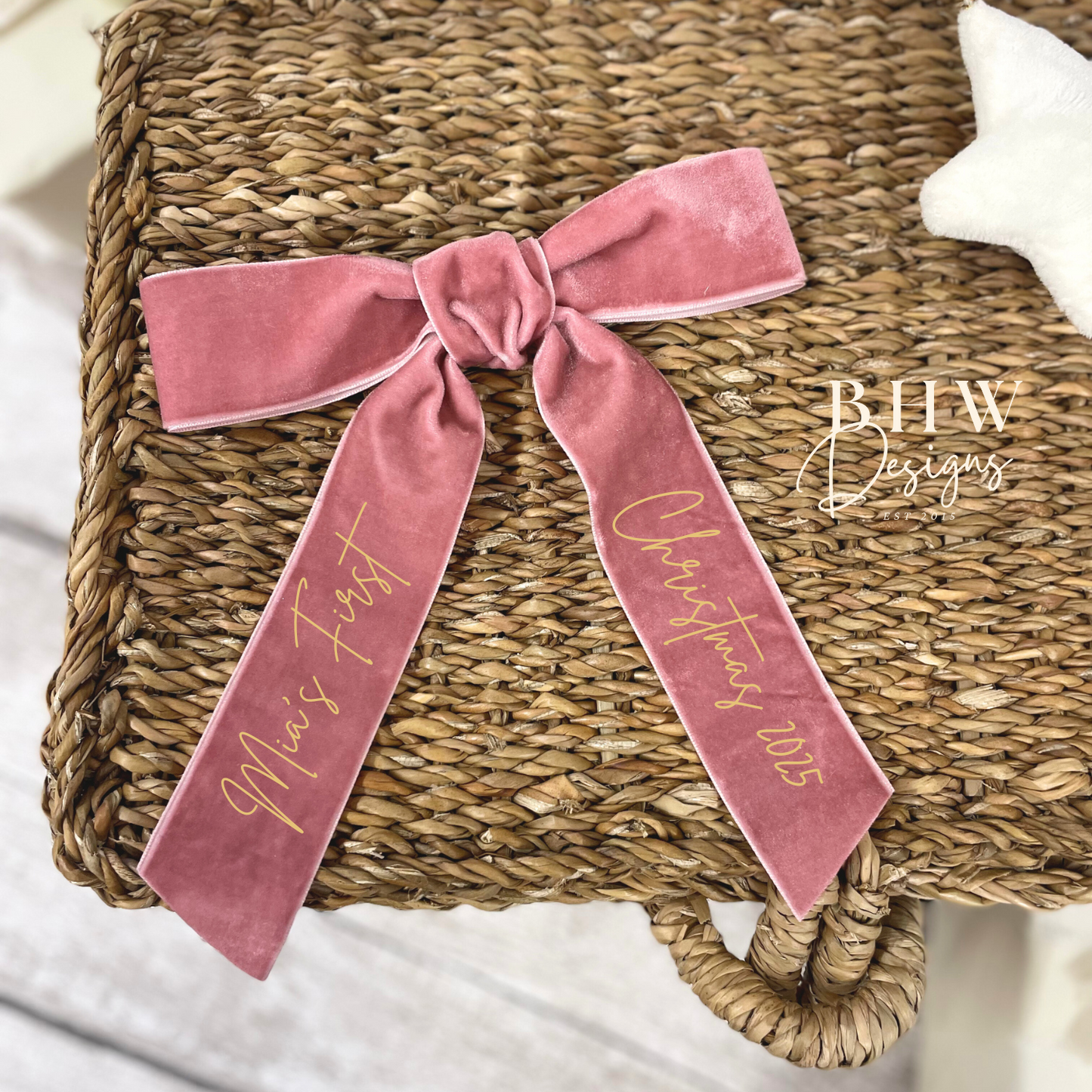 Velvet First Christmas Bow - Dusky Pink