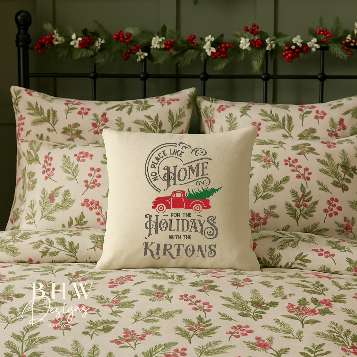 Christmas-themed bedding set with decorative pillows and a wreath on a bed personalised family name no place like home christmas cushion. 