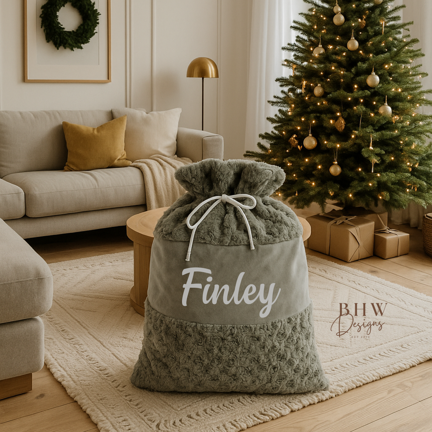 Grey santa sack with 'Finley' printed on the front