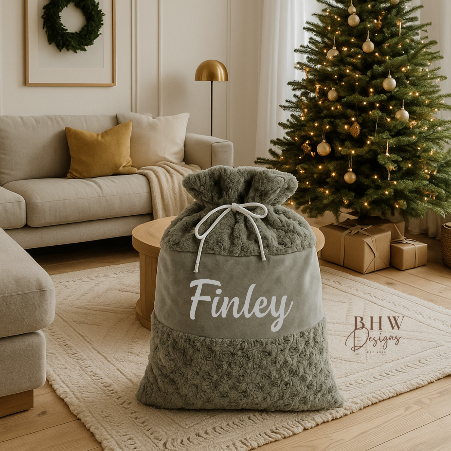 Grey santa sack with 'Finley' printed on the front