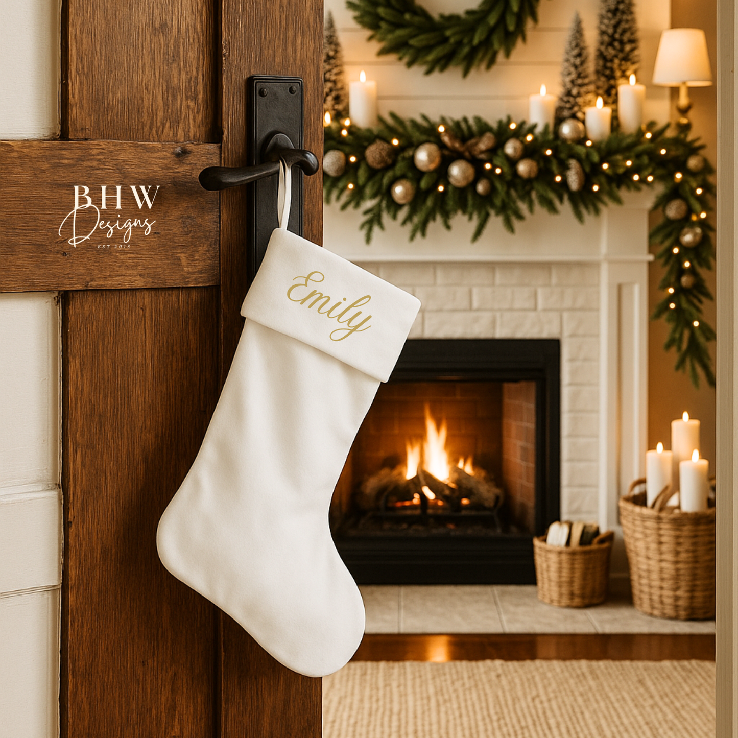 White Christmas stocking with 'Emily' in gold