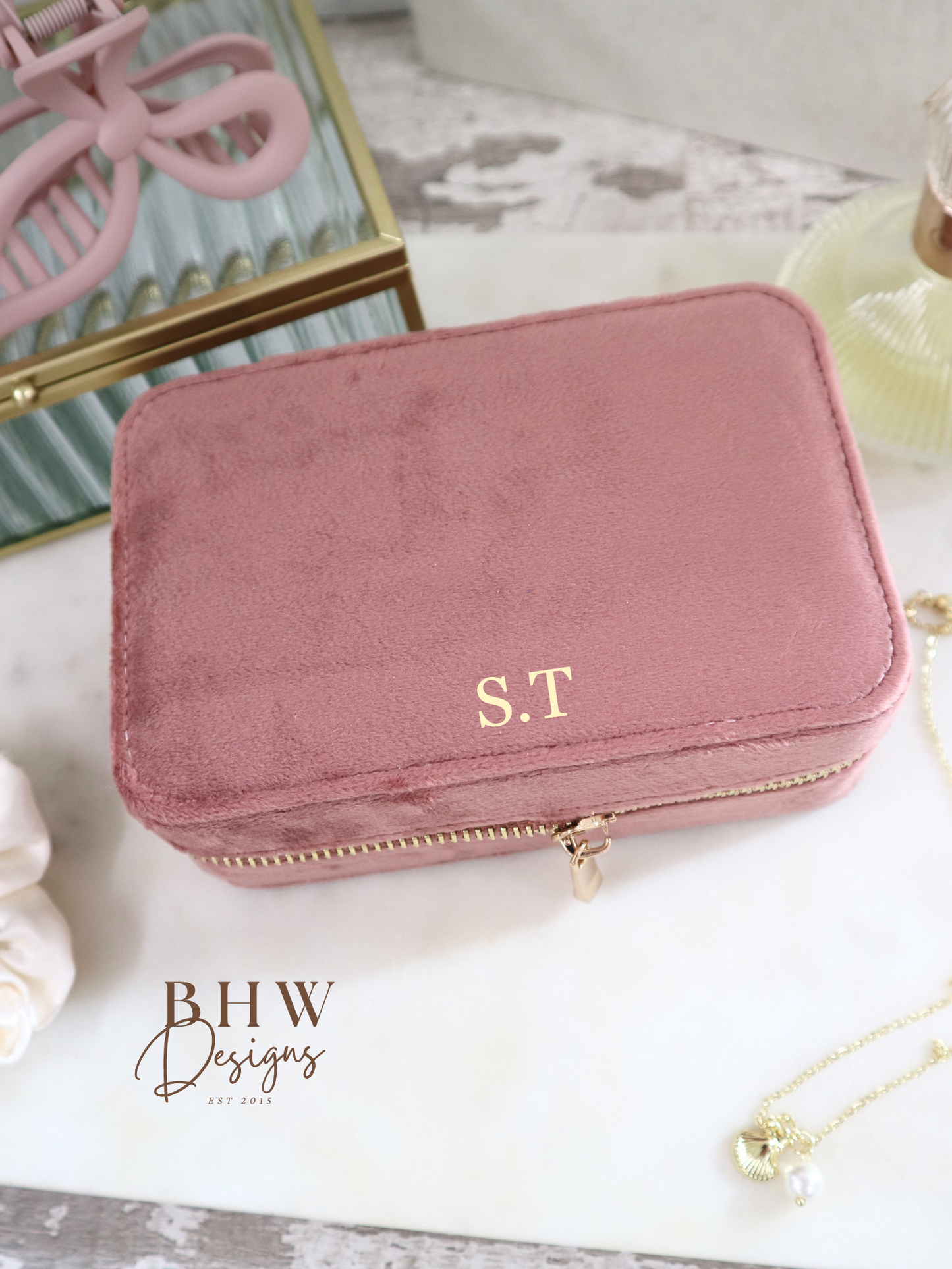 Personalised Velvet Jewellery Case - Rose Quartz