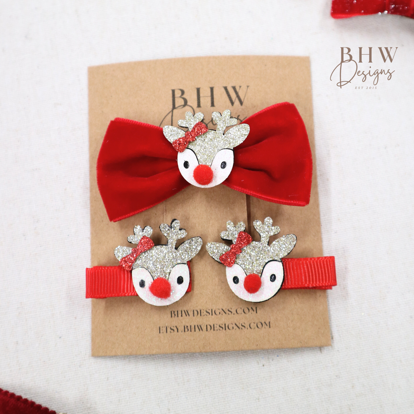 Reindeer Red Bow & Clip Set