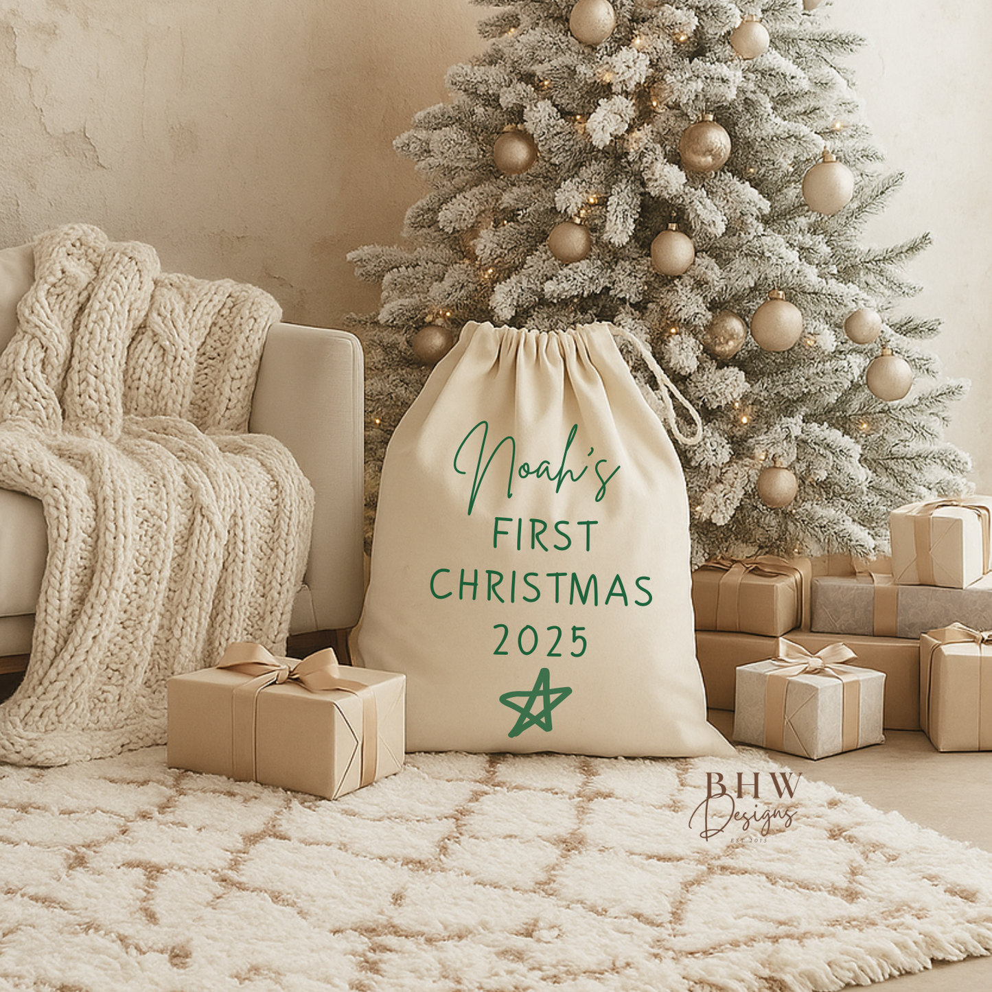 Christmas-themed room with Cotton santa Sack Personalised with a name and my first Christmas 2025 in green