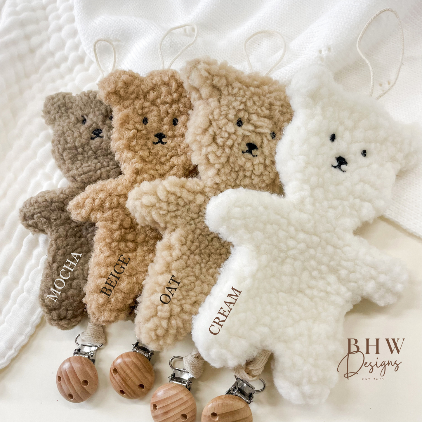 Cream, oat, beige and mocha colour  Teddy bear boucle Dummy clip holder 