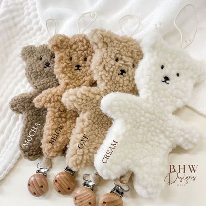 Cream, oat, beige and mocha colour  Teddy bear boucle Dummy clip holder 