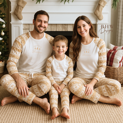 Family wearing a white and beige pyjama set personalised with name and 'Believe' text, on the front in beige. 