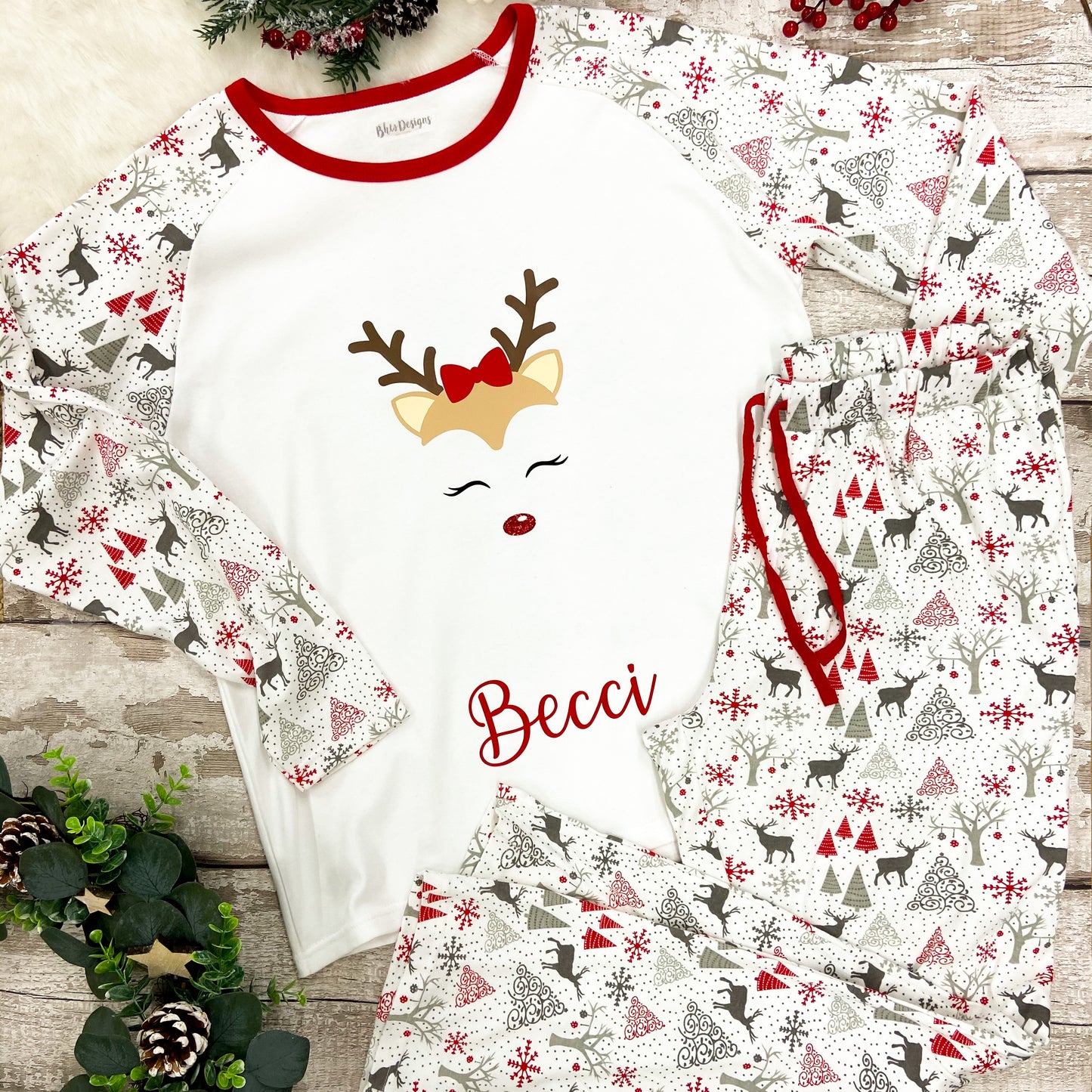 Women's Personalised Reindeer Christmas Adult Pyjamas
