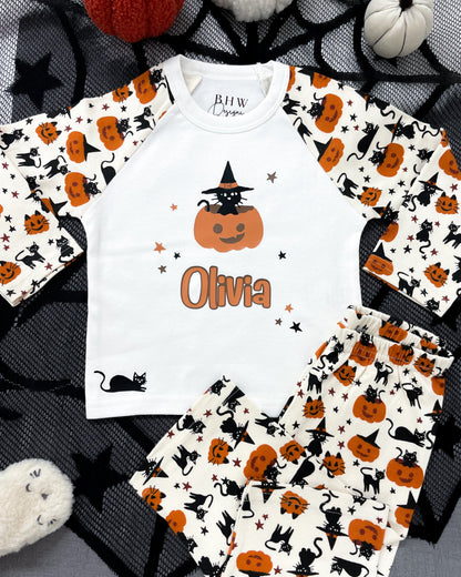Personalised Black Cat and Pumpkin Halloween Pyjamas