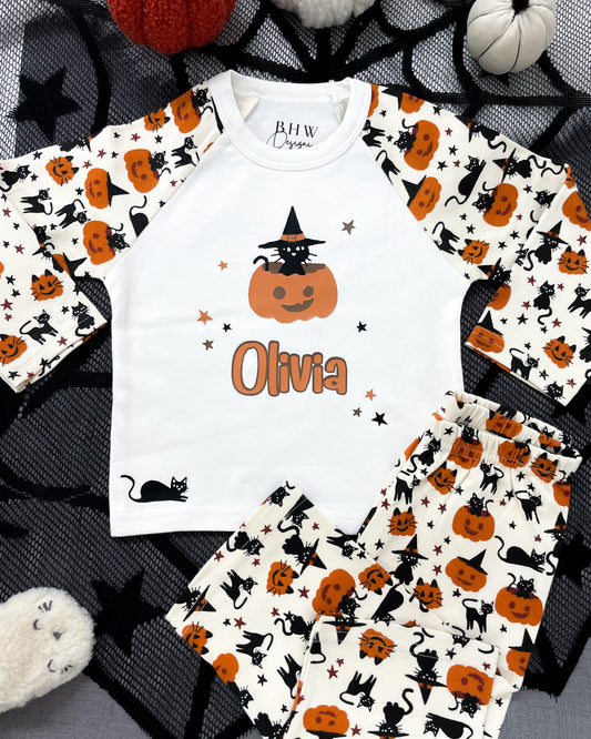 Personalised Black Cat and Pumpkin Halloween Pyjamas