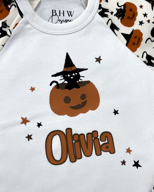 Personalised Black Cat and Pumpkin Halloween Pyjamas
