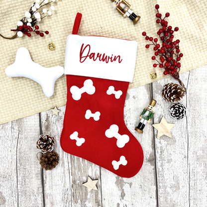 Personalised Pet Bone Print Christmas Stocking in red