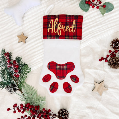 Personalised Pet Paw Christmas Stocking Red Tartan