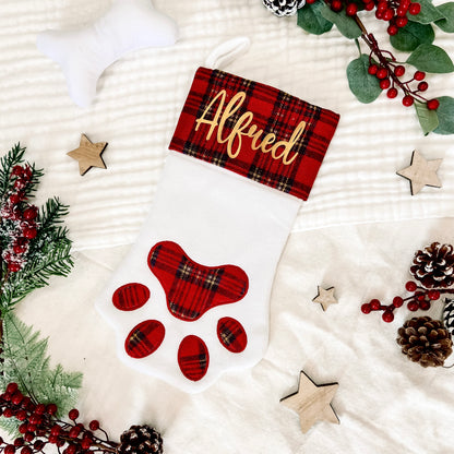 Personalised Pet Paw Christmas Stocking Red Tartan
