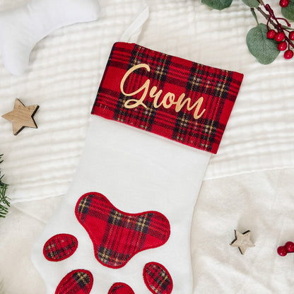 Personalised Pet Paw Christmas Stocking Red Tartan