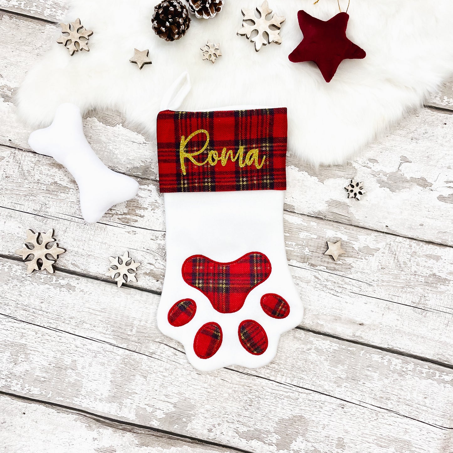 Personalised Pet Paw Christmas Stocking Red Tartan