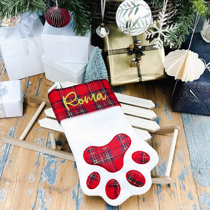 Personalised Pet Paw Christmas Stocking Red Tartan