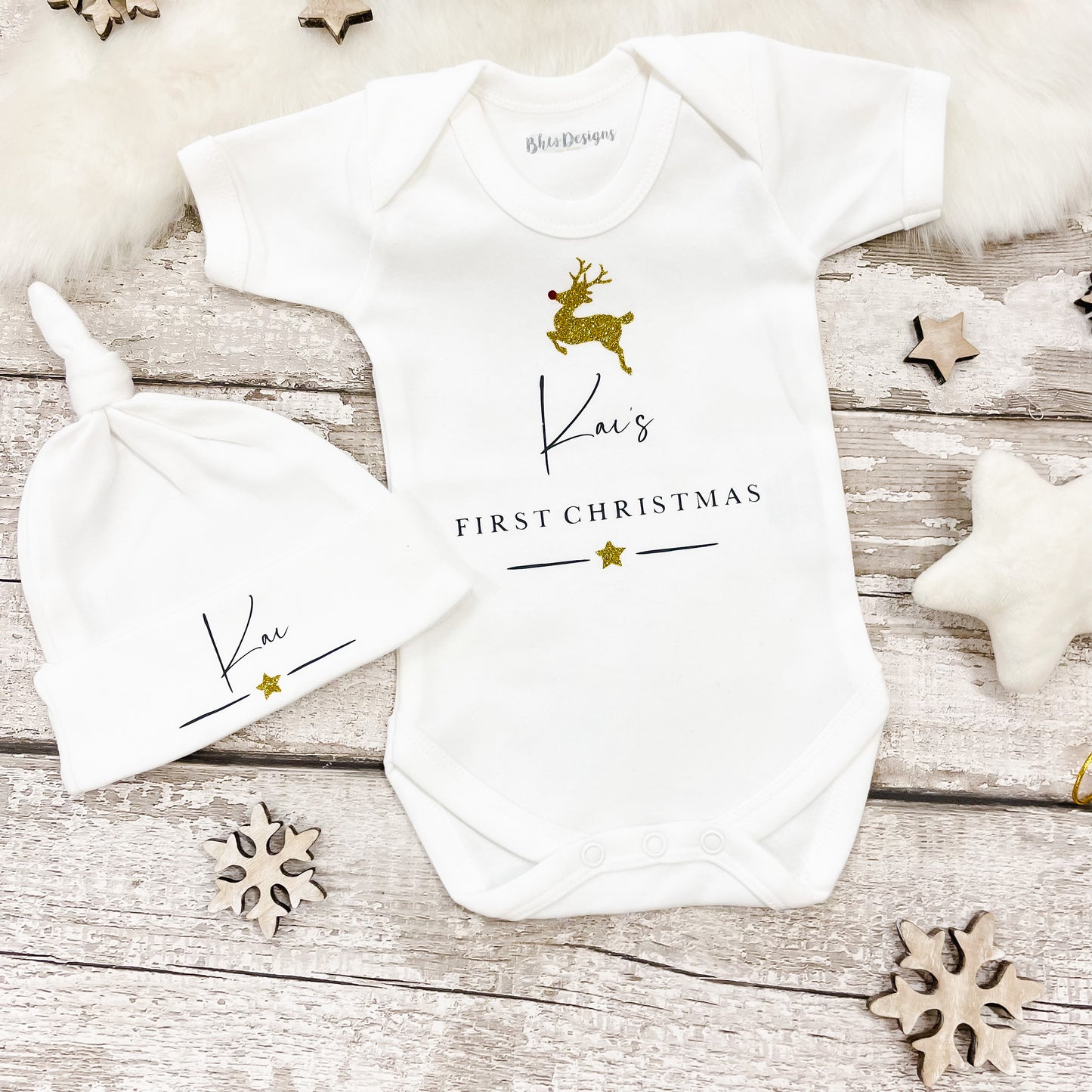 Personalised First Christmas Gold Reindeer Vest and Hat set