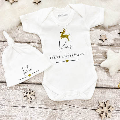 Personalised First Christmas Gold Reindeer Vest and Hat set