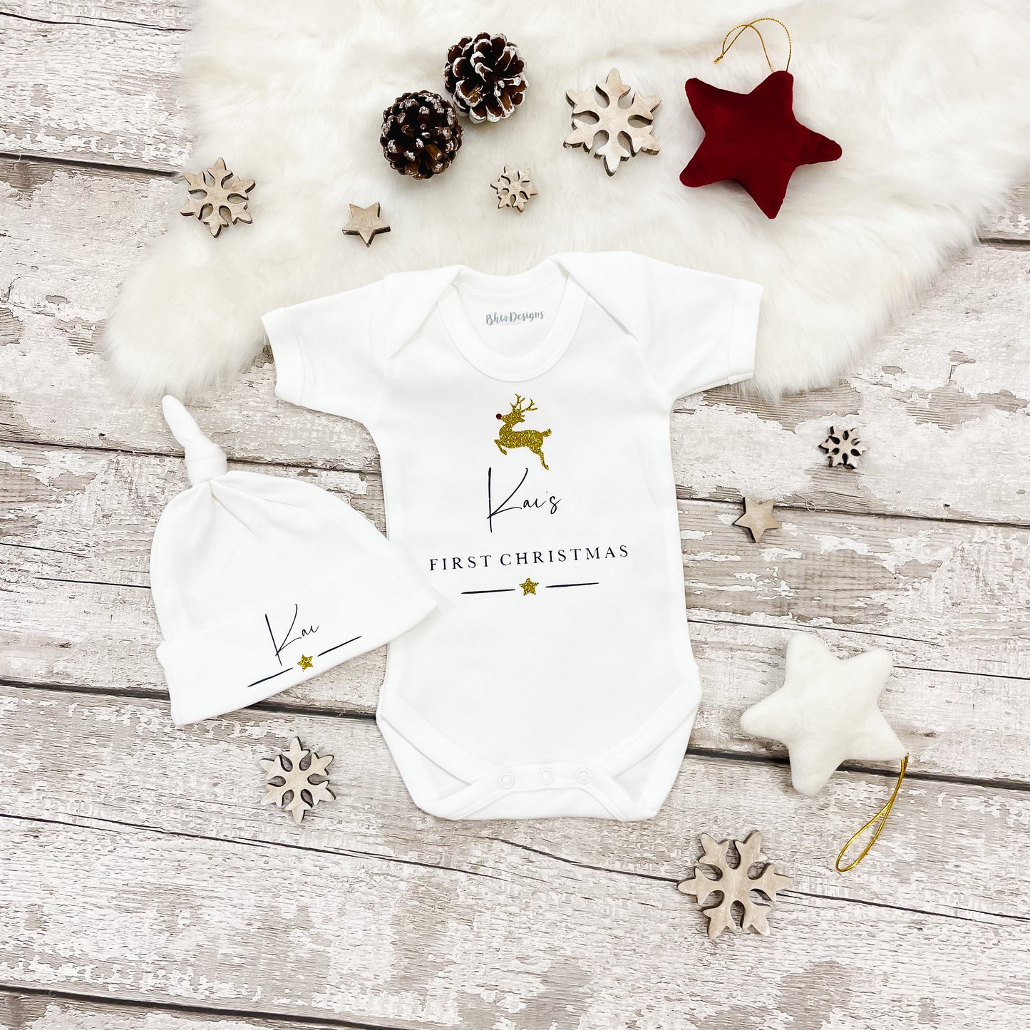 Personalised First Christmas Gold Reindeer Vest and Hat set