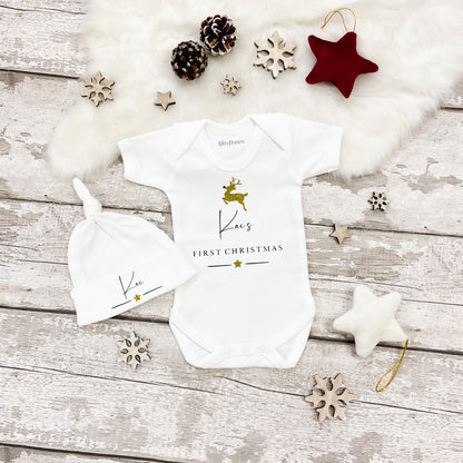 Personalised First Christmas Gold Reindeer Vest and Hat set