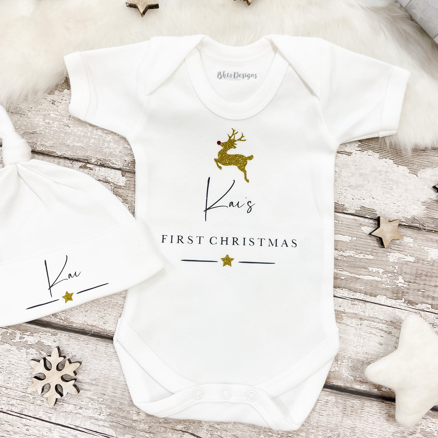 Personalised First Christmas Gold Reindeer Vest and Hat set