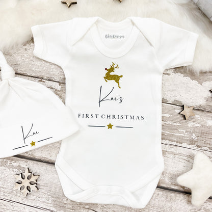 Personalised First Christmas Gold Reindeer Vest and Hat set