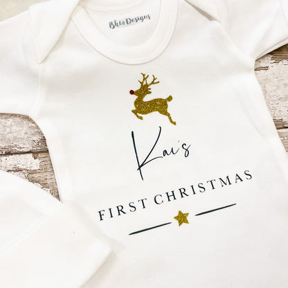 Personalised First Christmas Gold Reindeer Vest and Hat set
