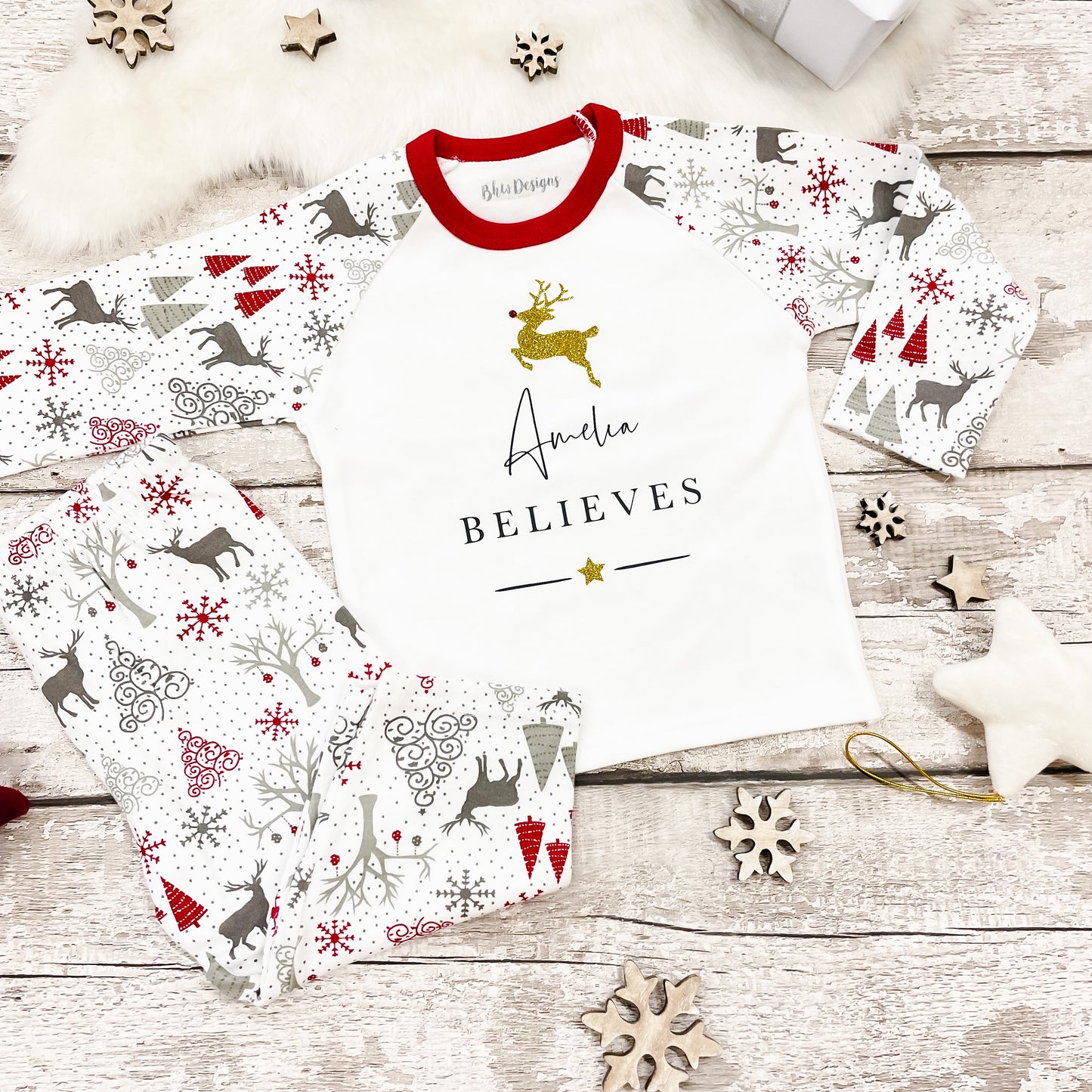 Personalised Believes Gold Reindeer Pyjamas