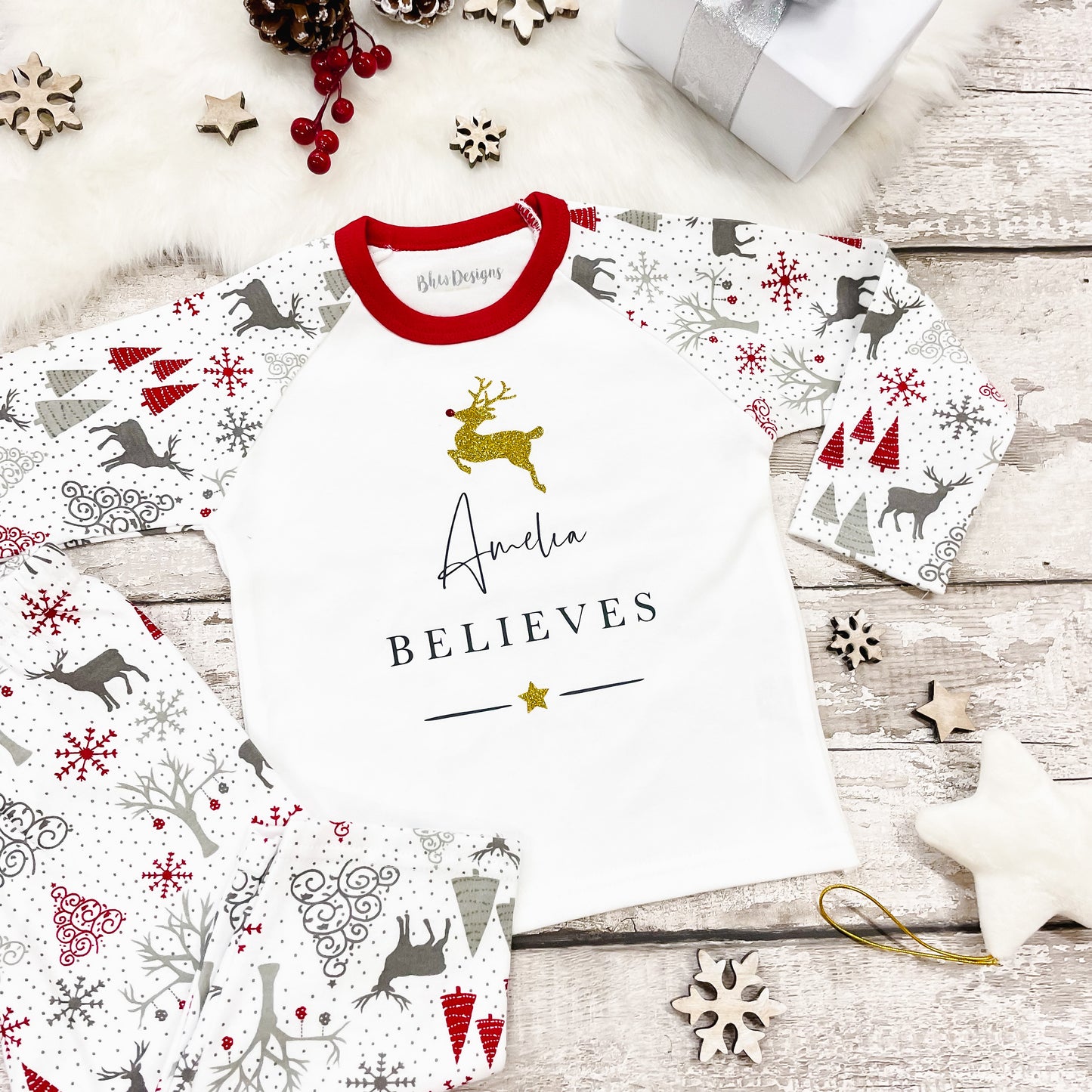 Personalised Believes Gold Reindeer Pyjamas