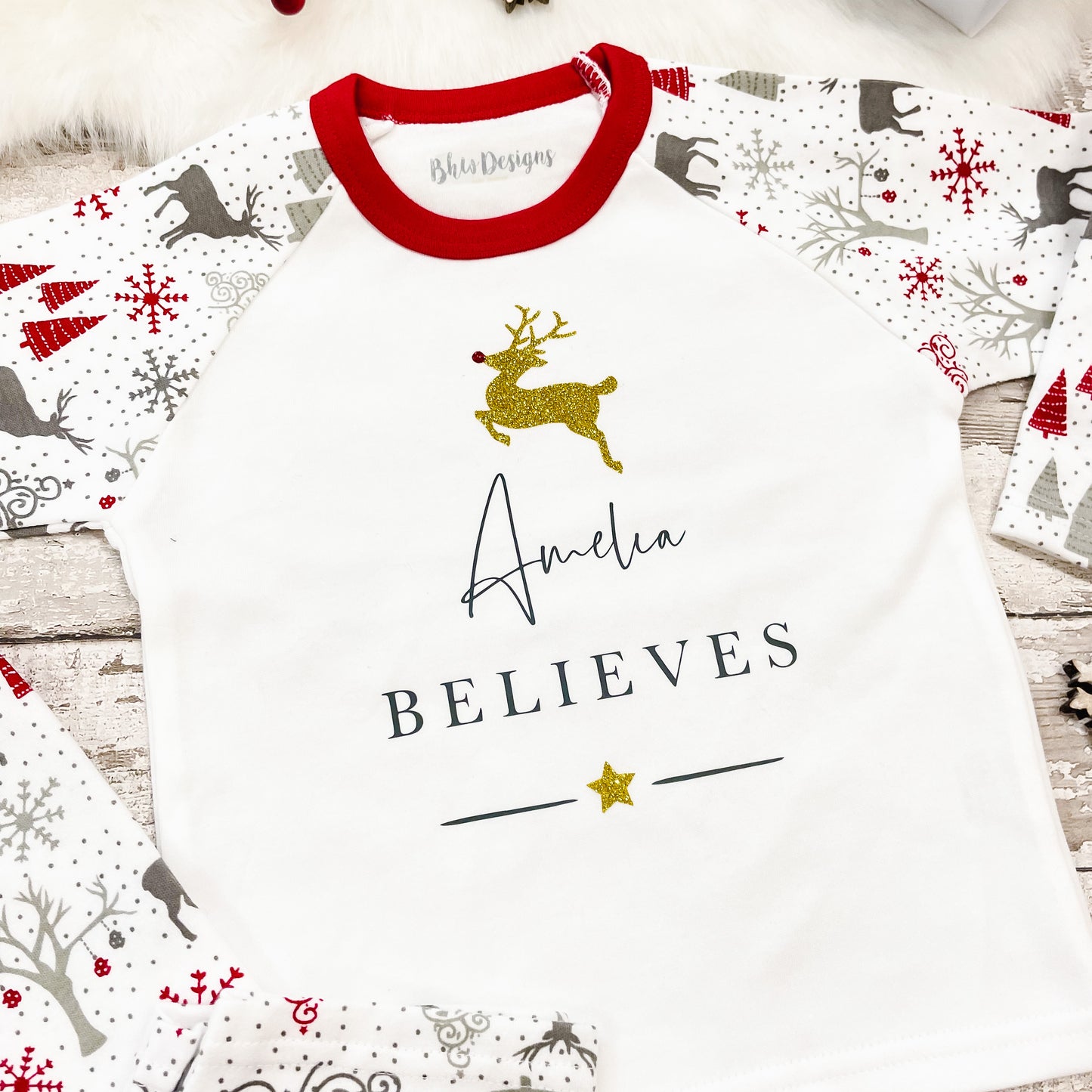 Personalised Believes Gold Reindeer Pyjamas