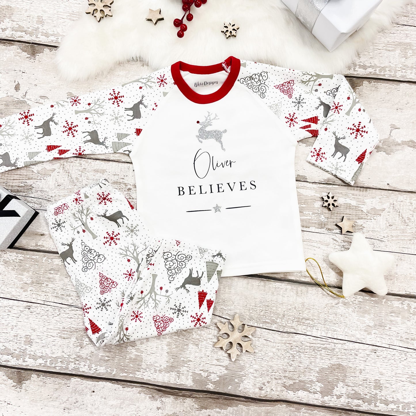 Personalised Believes Silver Reindeer Pyjamas